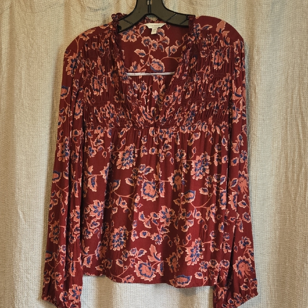 Lucky Brand Red Ruffled Smocked Blouse